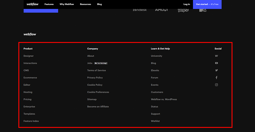 Webflow.com Product Based Footer Example